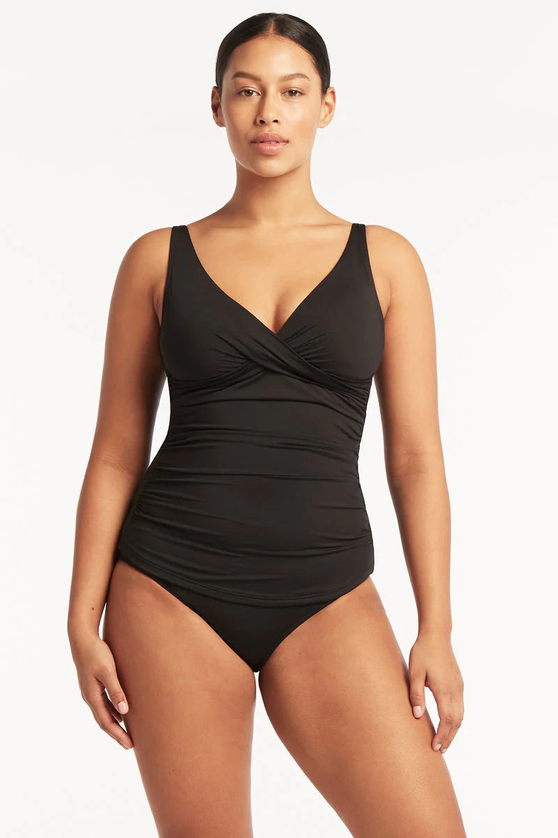 Sea Level Essentials Cross Front Tankini in Black