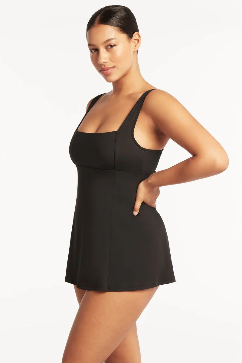 Sea Level Eco Essentials Square Neck Swim Dress in Black