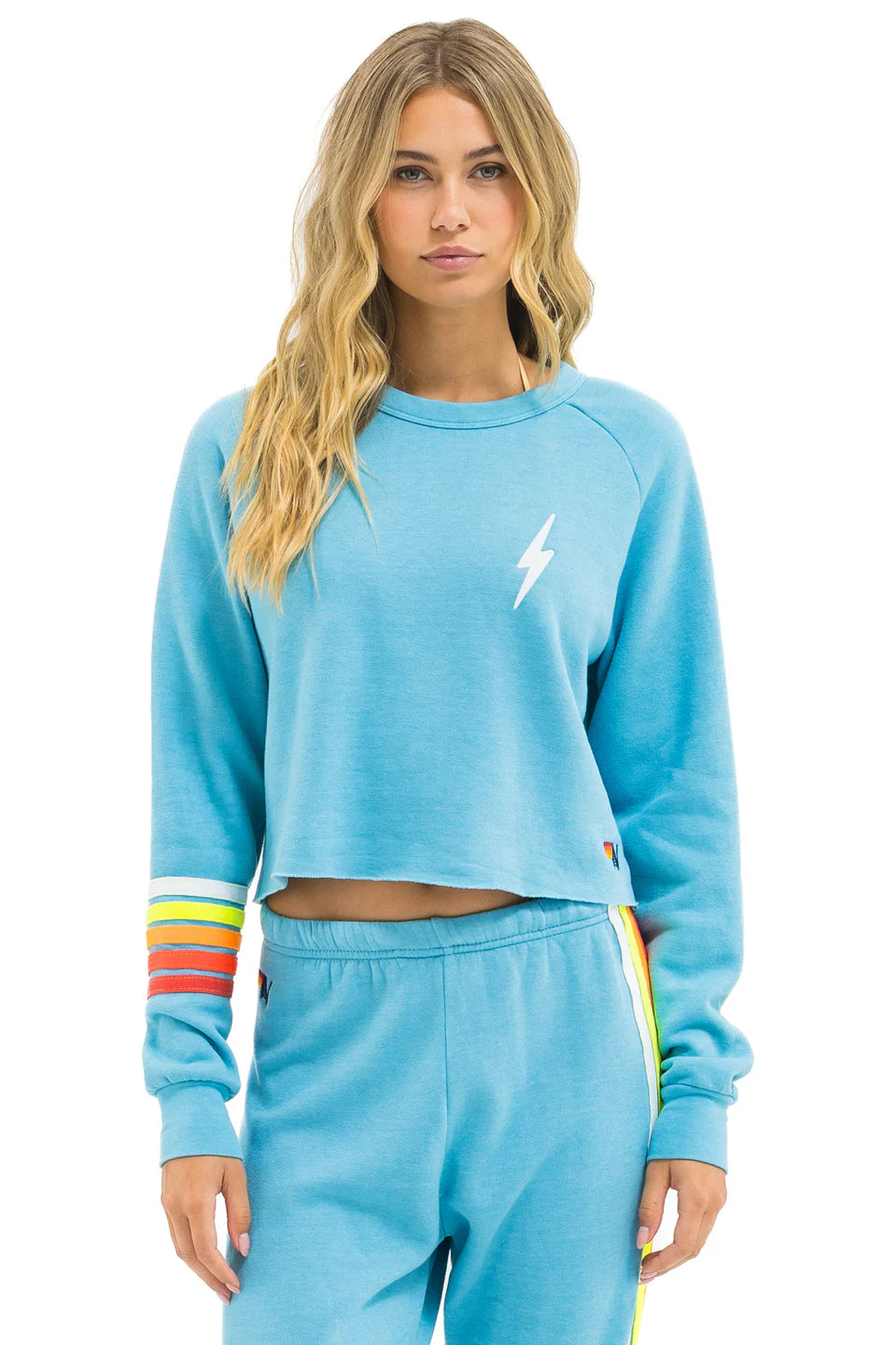 Bolt Rugby Stitch Cropped Crew Sweatshirt Aquamarine/White Neon