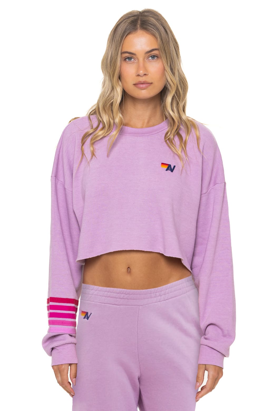 Rugby Stitch Cropped Crew Sweatshirt Mauve Pink front