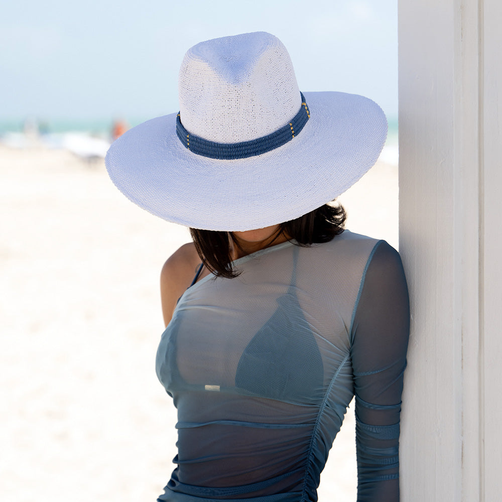 Saylor woven Toyo fedora in white/navy, worn — Nikki Beach