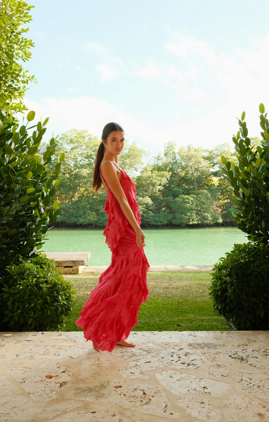 Mermaid Asymmetric Ruffle Dress Cheetah Raspberry