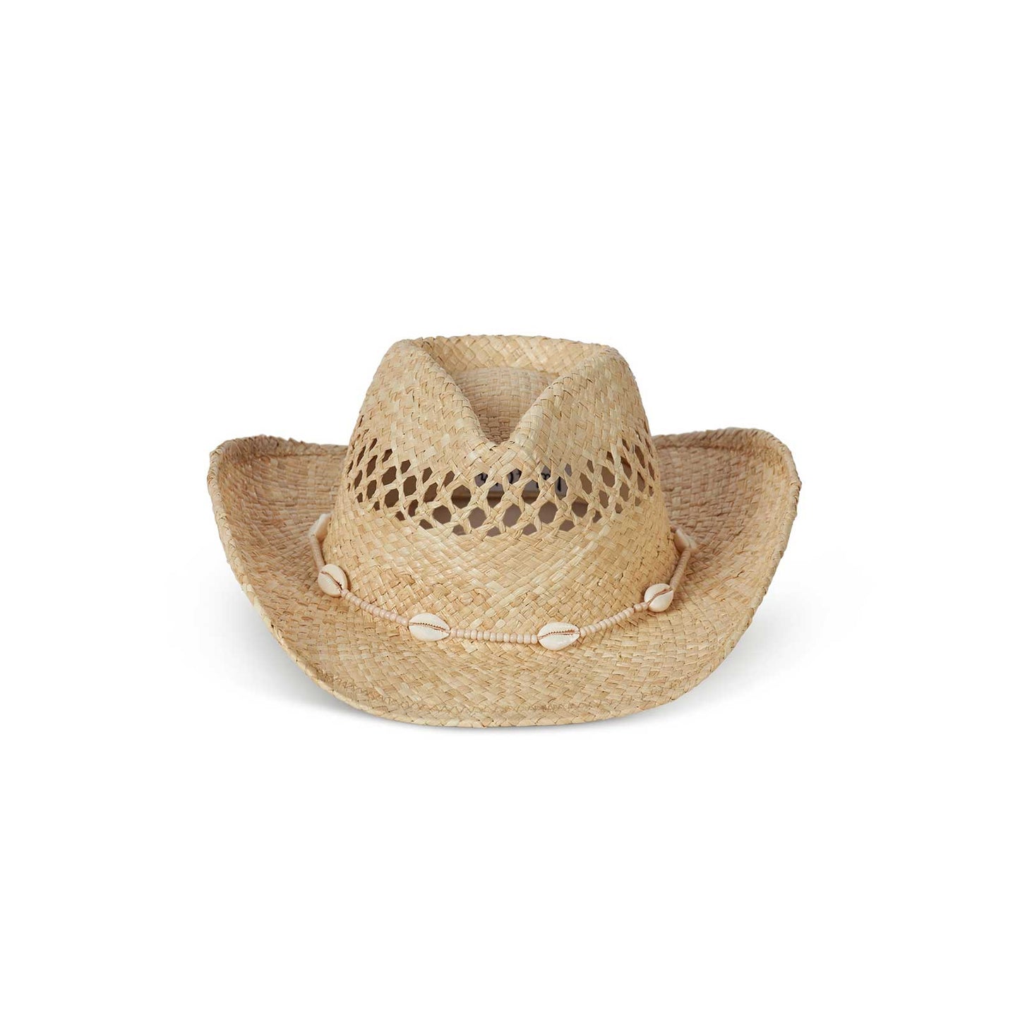 Raffia straw cowboy hat with seashells and custom beads, natural