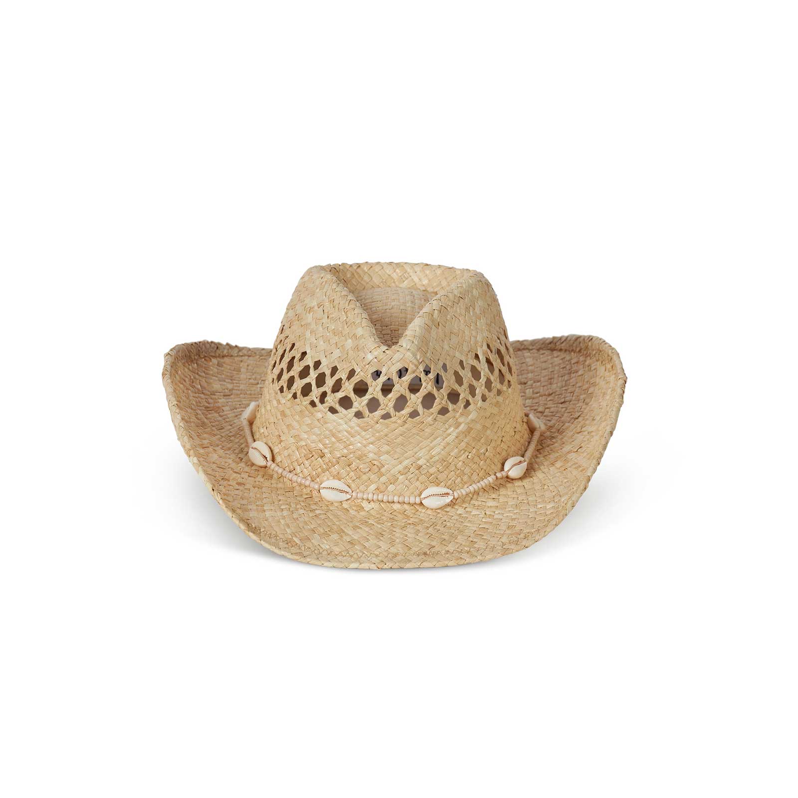 Raffia straw cowboy hat with seashells and custom beads, natural