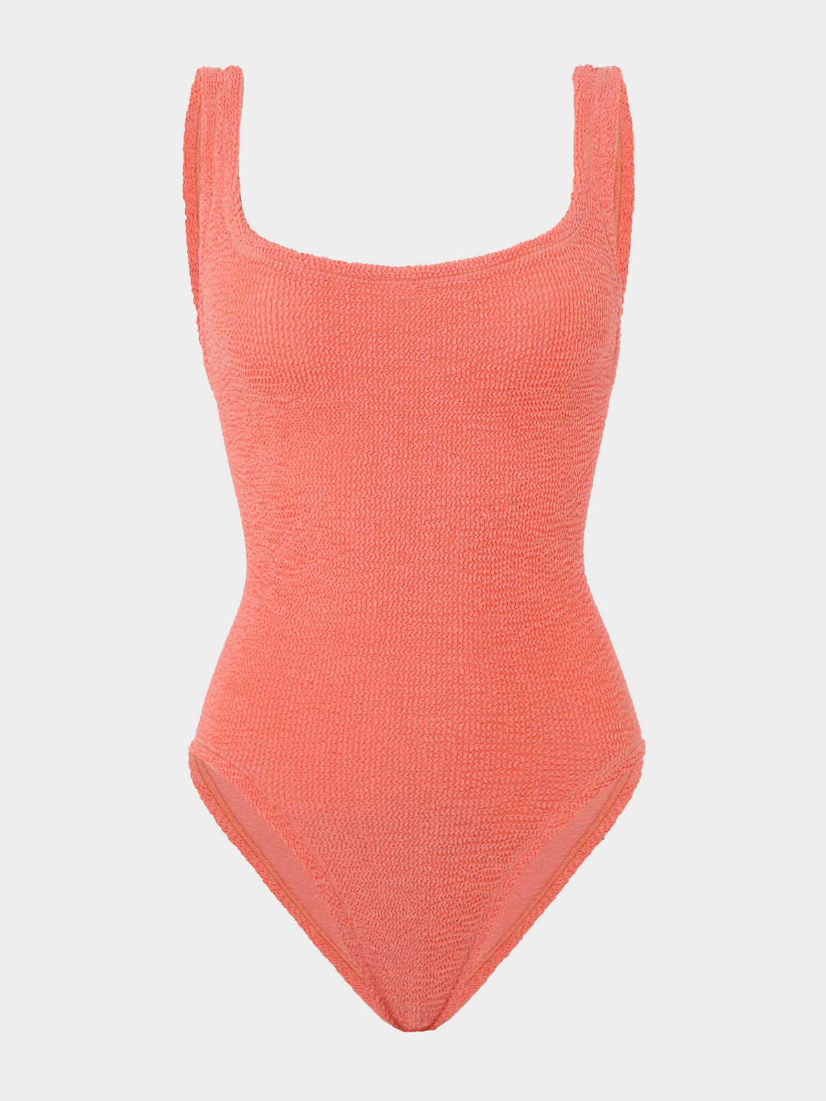 Hunza G Square Neck One Piece in Metallic Coral — front view on model | Belle Mar Swim
