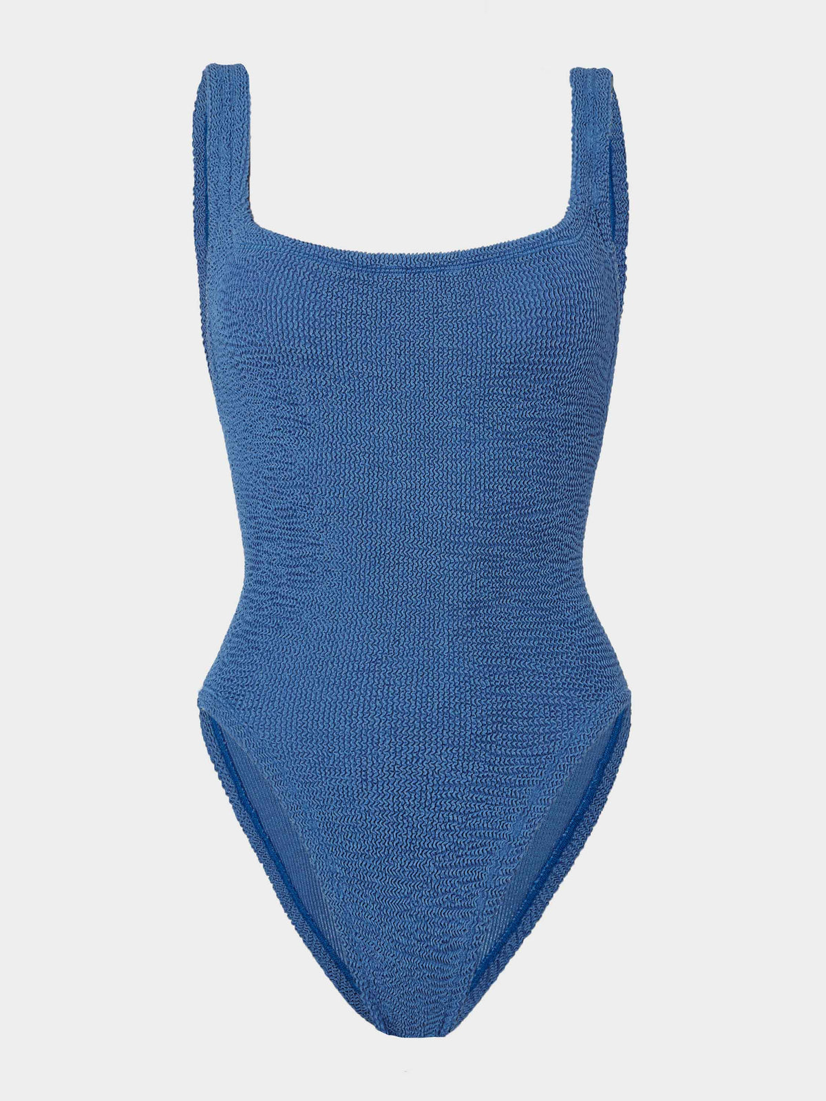 Hunza G Square Neck One Piece in Metallic Denim — front view on model | Belle Mar Swim