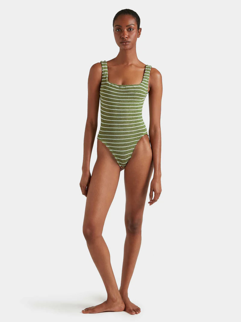 Square Neck One Piece Metallic Moss/White Stripe