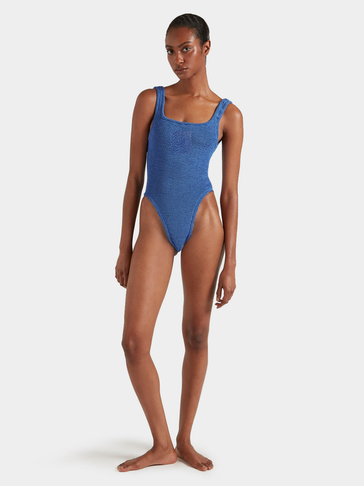 Hunza G Square Neck One Piece in Metallic Denim — detail view | Belle Mar Swim