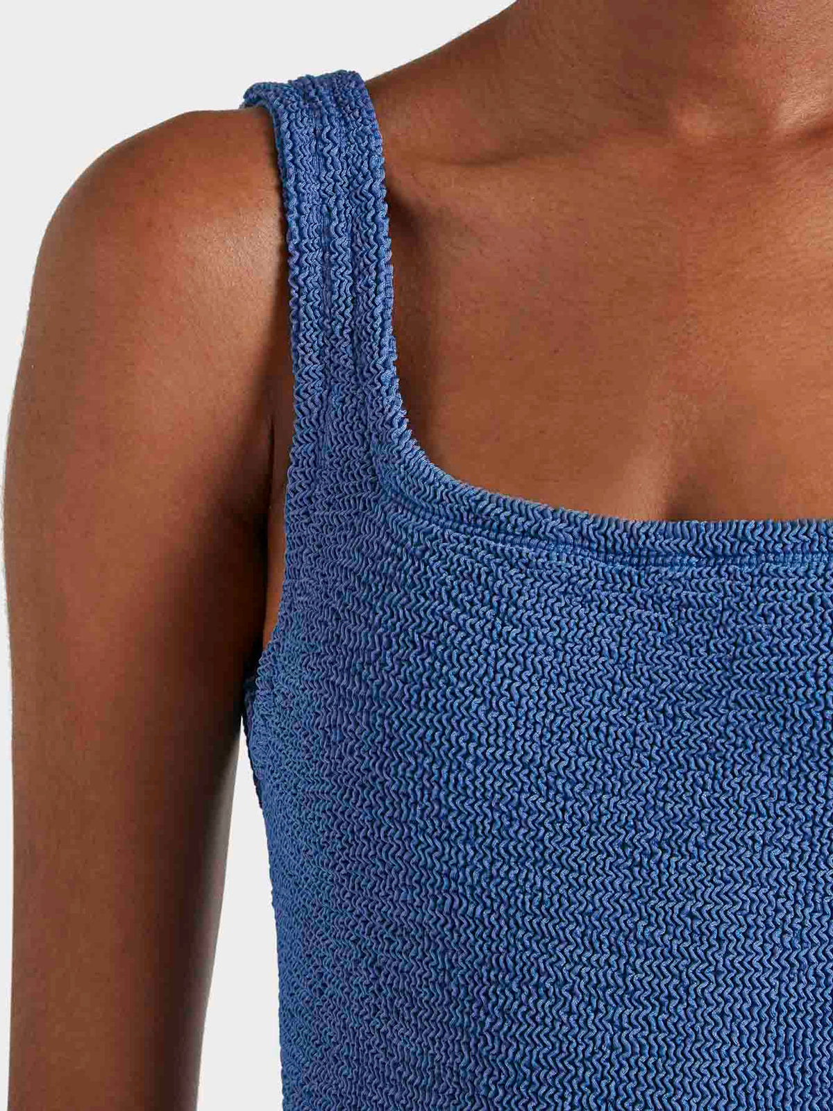 Hunza G Square Neck One Piece in Metallic Denim — styled view | Belle Mar Swim