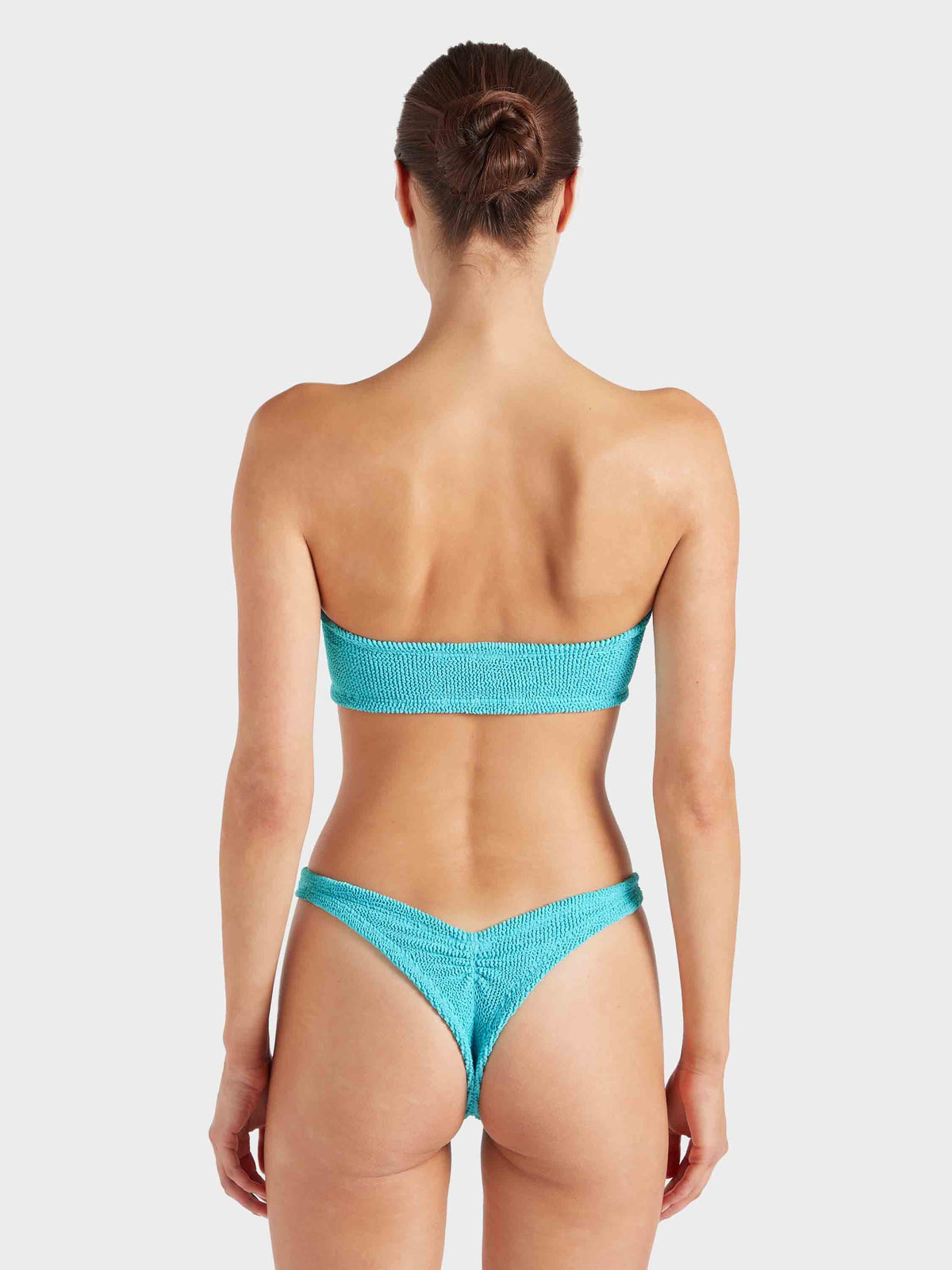 Hunza G Tina Bikini in Aqua — back crop showing ruched Brazilian bottom | Belle Mar Swim