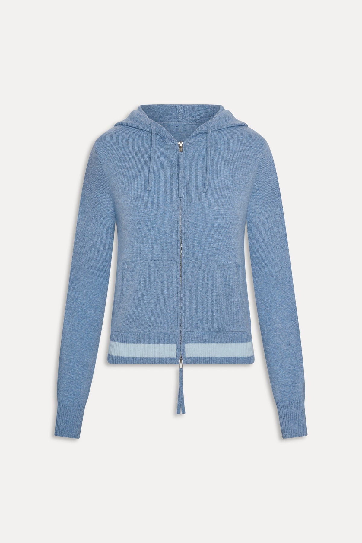 Topanga cashmere zip up hoodie in Blue Lake, flat lay product shot