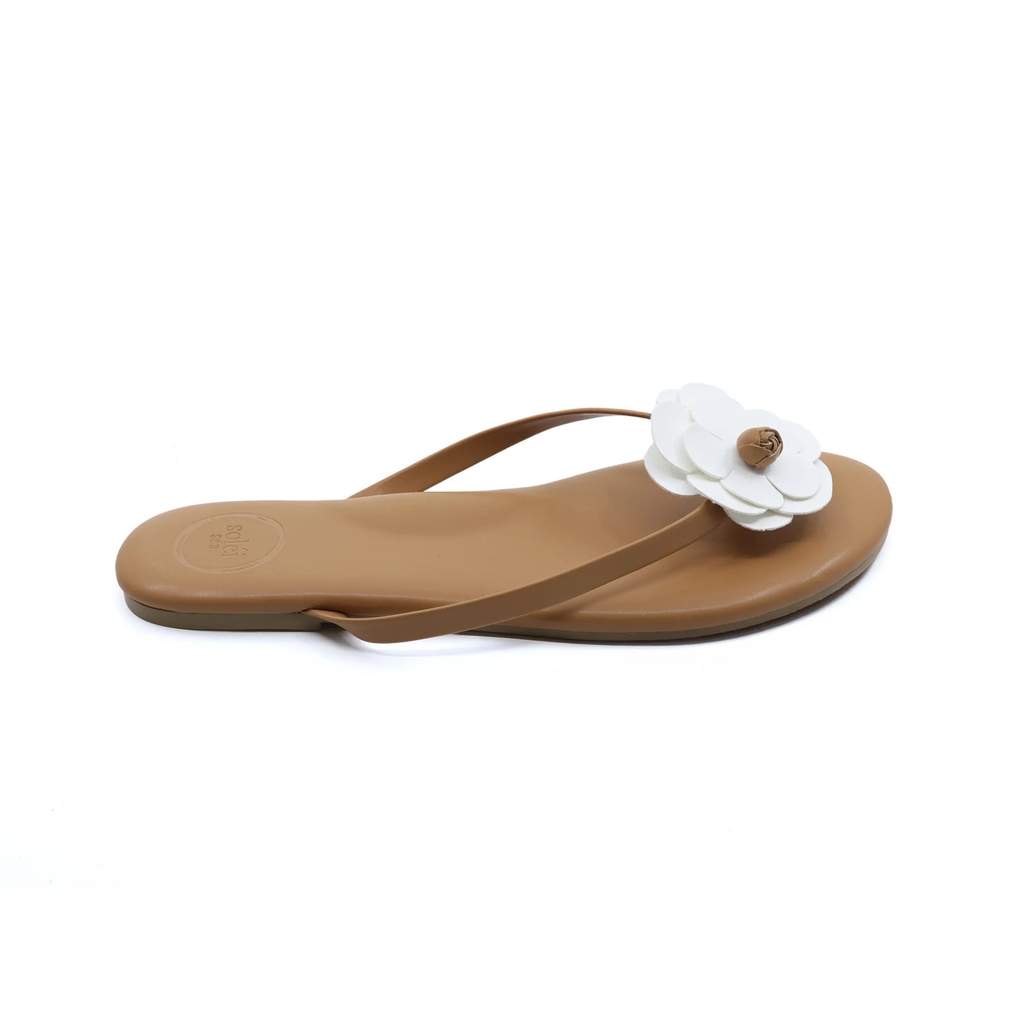 Valentina Floral Sandal Saddle & White in nude — close-up | Belle Mar Swim