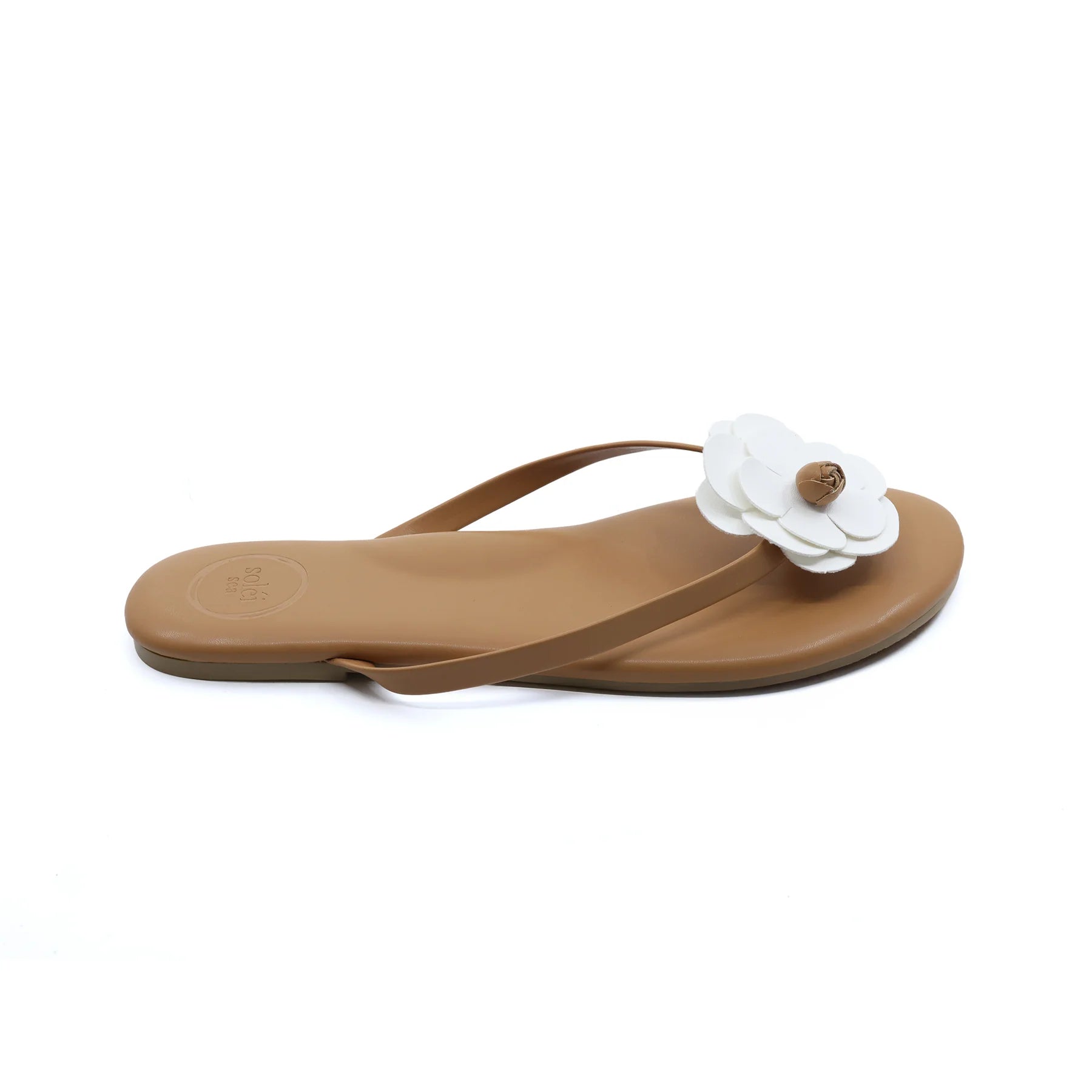 Valentina Floral Sandal Saddle & White in nude — close-up | Belle Mar Swim