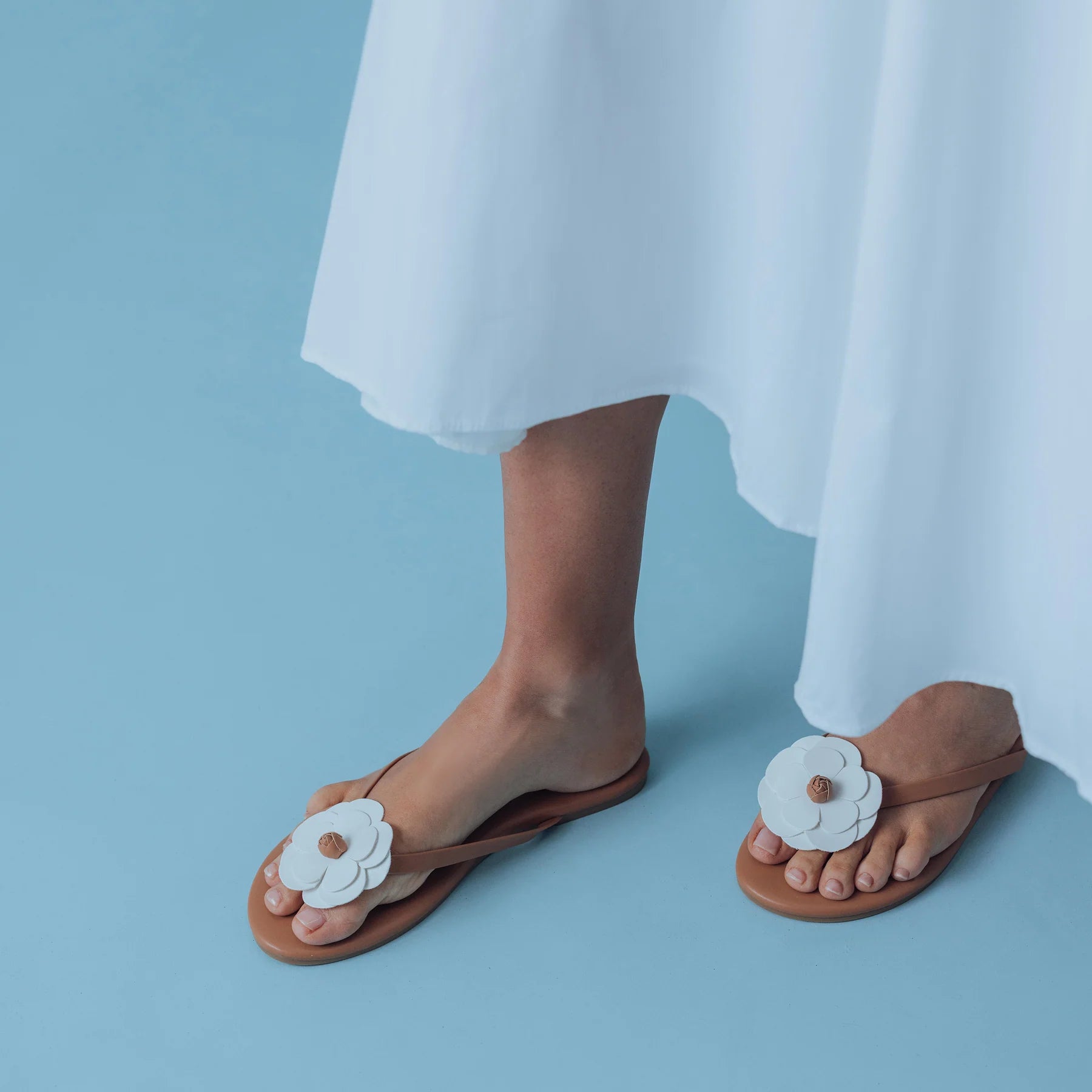 Valentina Floral Sandal Saddle & White in nude — styled view | Belle Mar Swim