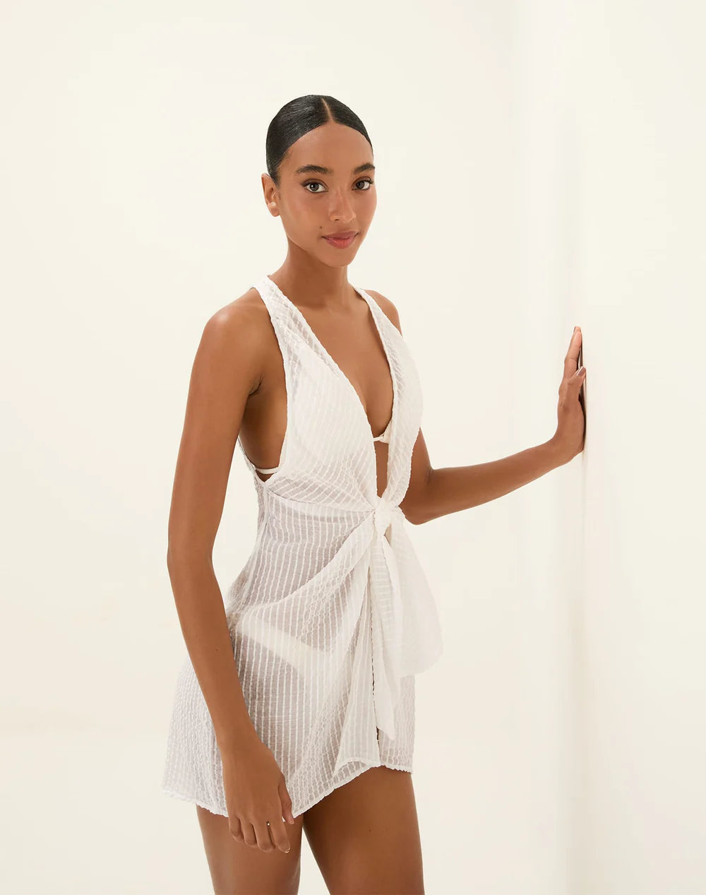 ViX Paula Hermanny Mita Short Cover Up Off White in neutral — front view | Belle Mar Swim