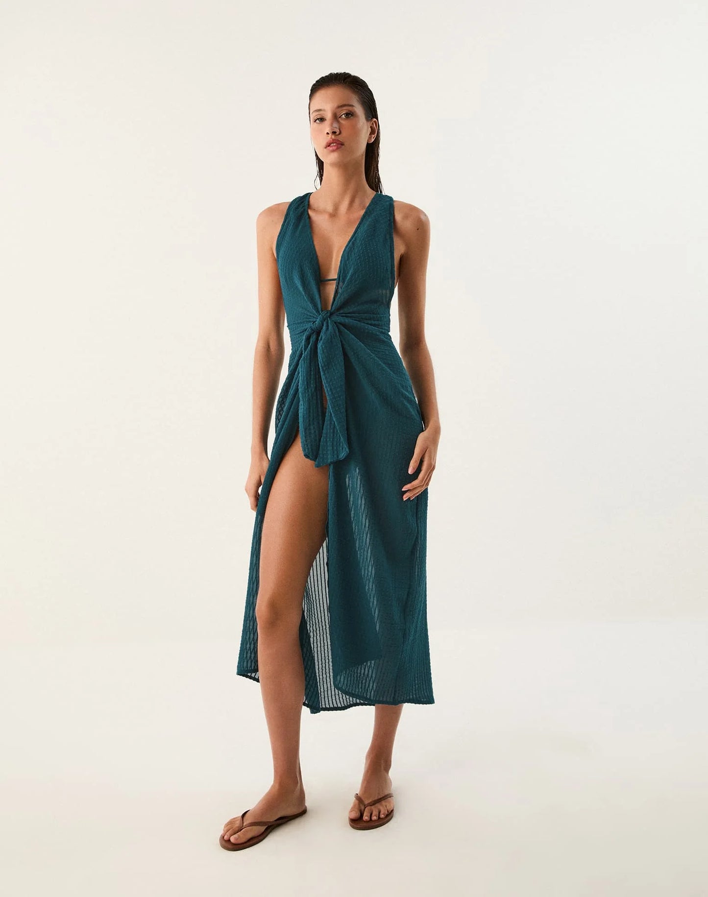 ViX Paula Hermanny Mita Long Cover Up Windward in blue — front view | Belle Mar Swim