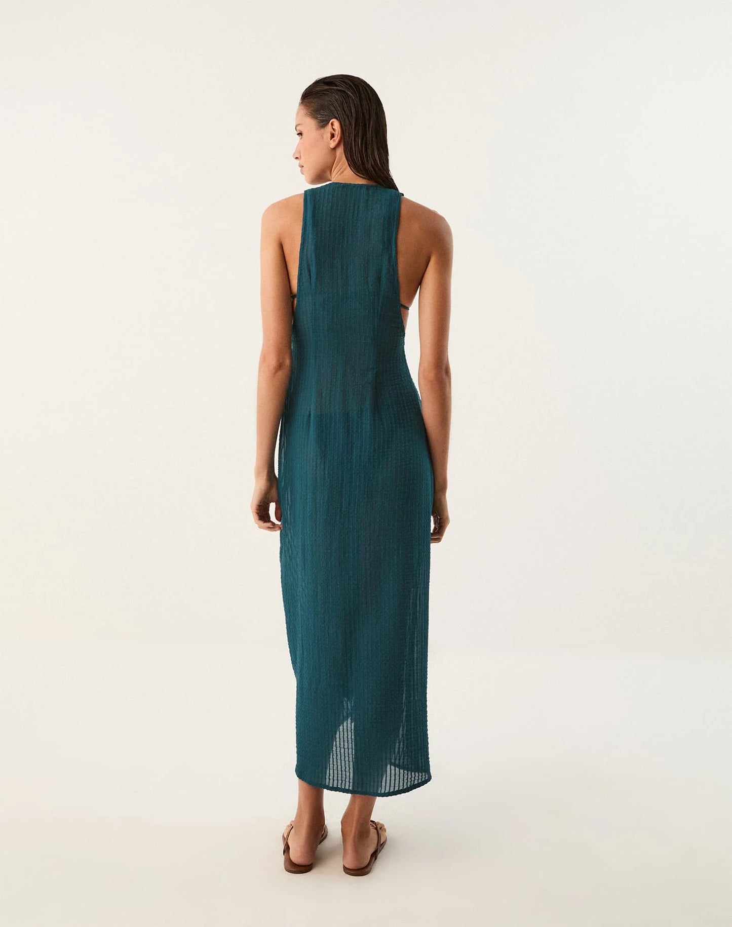 Mita Long Cover Up Windward in blue — back view | Belle Mar Swim