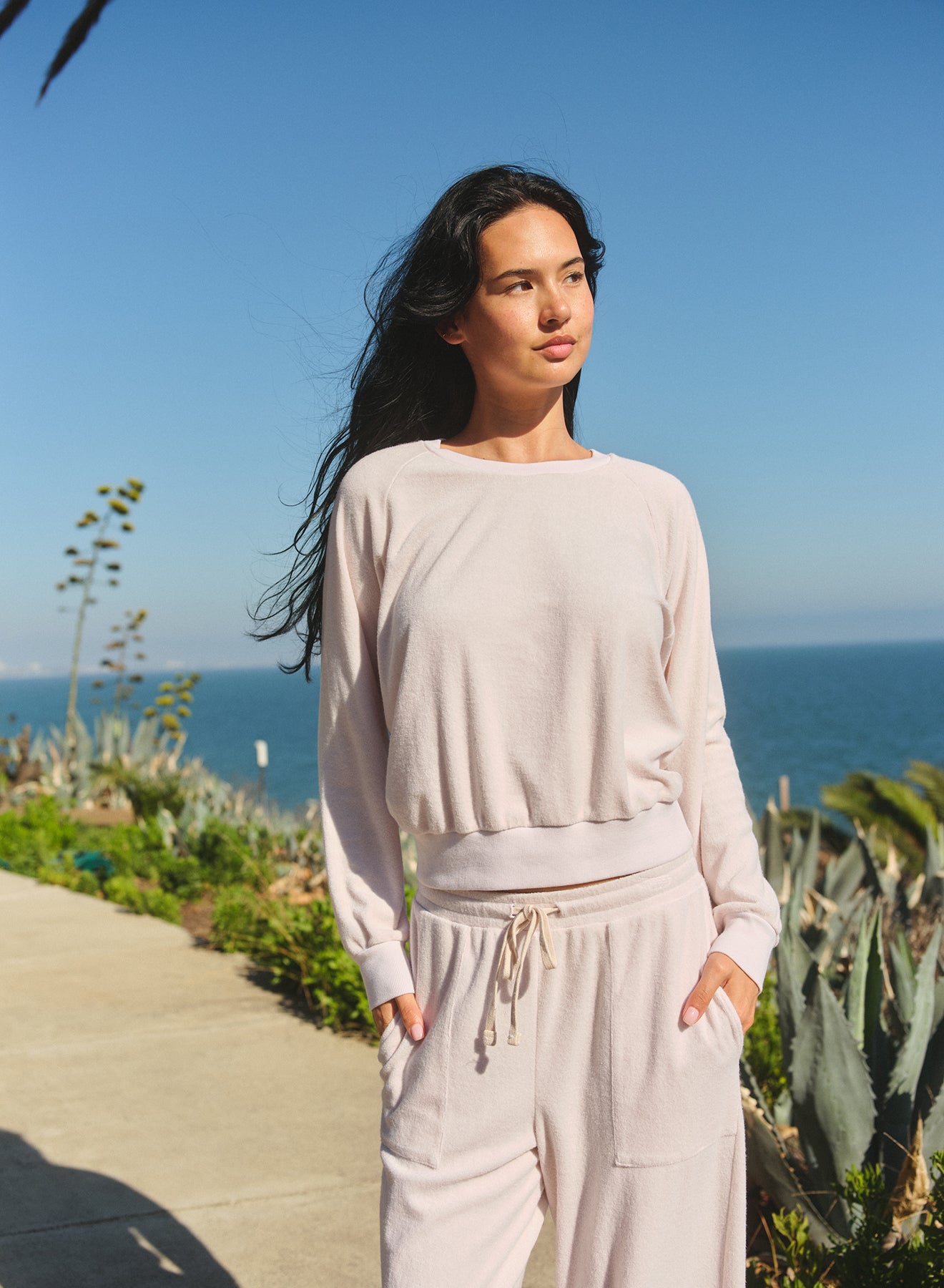 Sundry Raglan Sport Crew Sweatshirt Oyster — front view | Belle Mar Swim