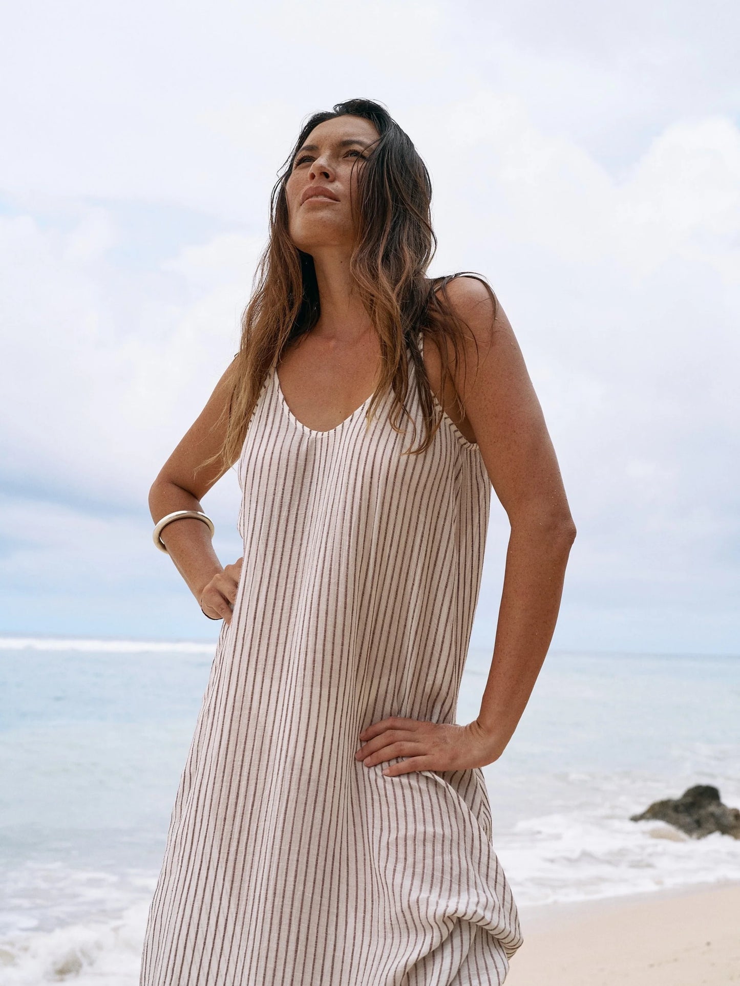 Yaz Dress Khaki Burgundy Stripe