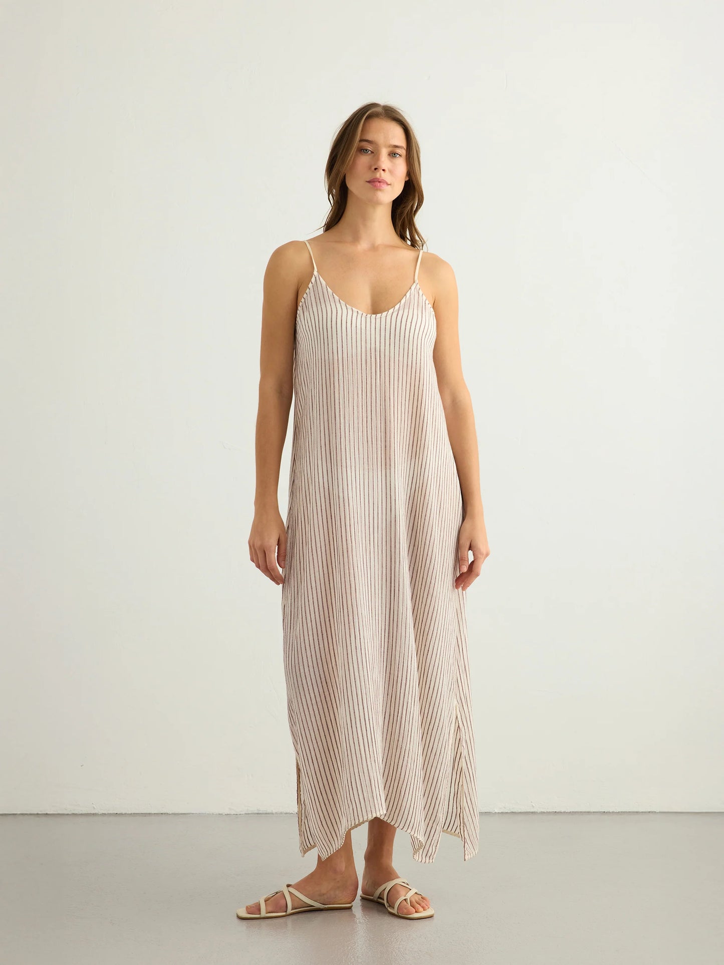 Yaz Dress Khaki Burgundy Stripe
