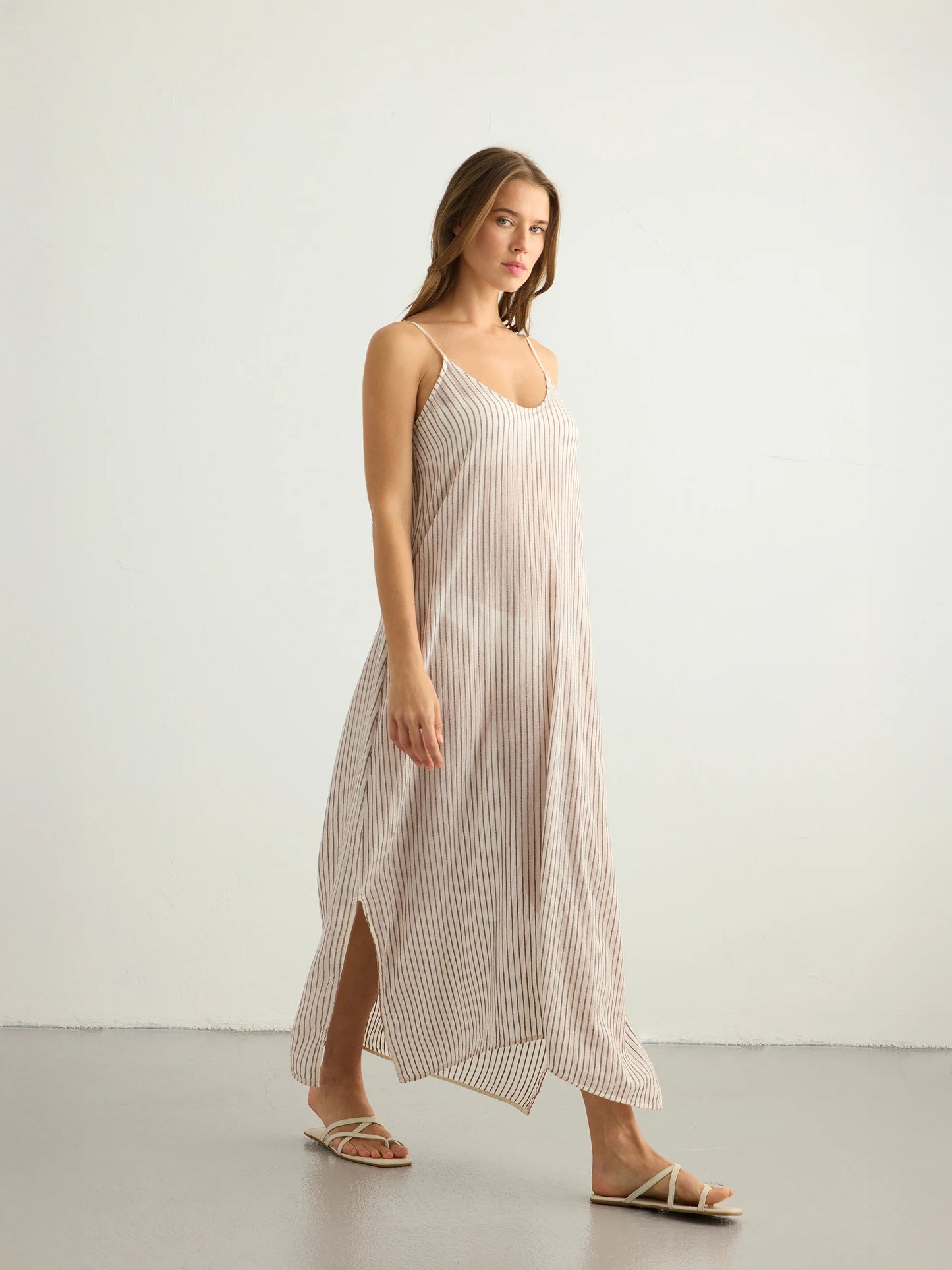 Yaz Dress Khaki Burgundy Stripe
