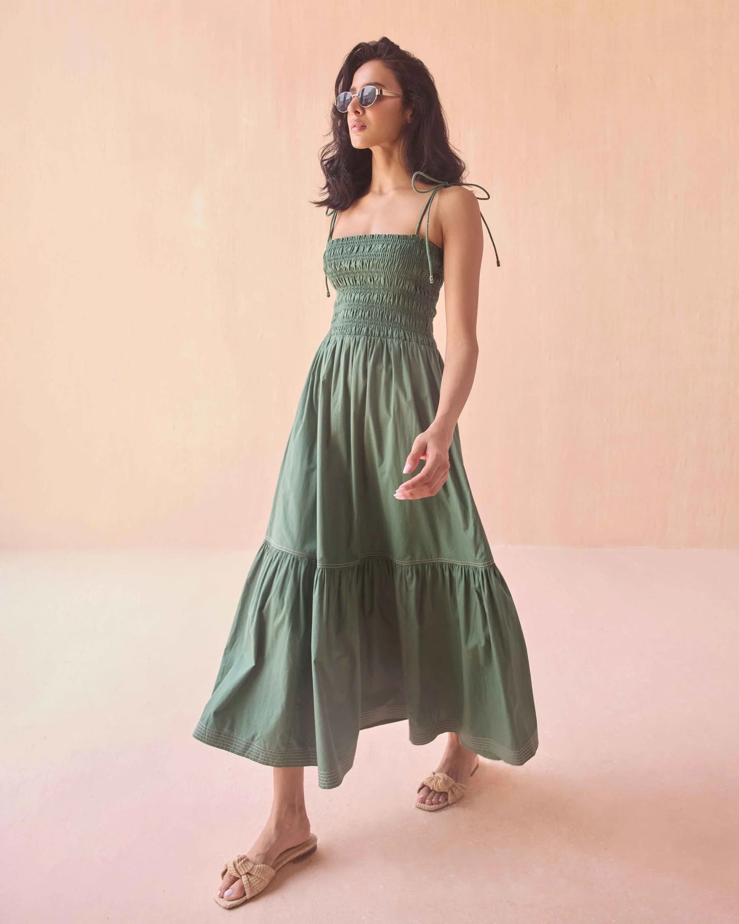 Adley Maxi Solid Palm in green — detail view | Belle Mar Swim