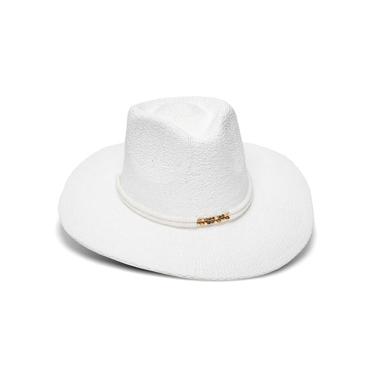 Angel woven Toyo rancher in white with beaded grey and gold trim — Nikki Beach sun hat