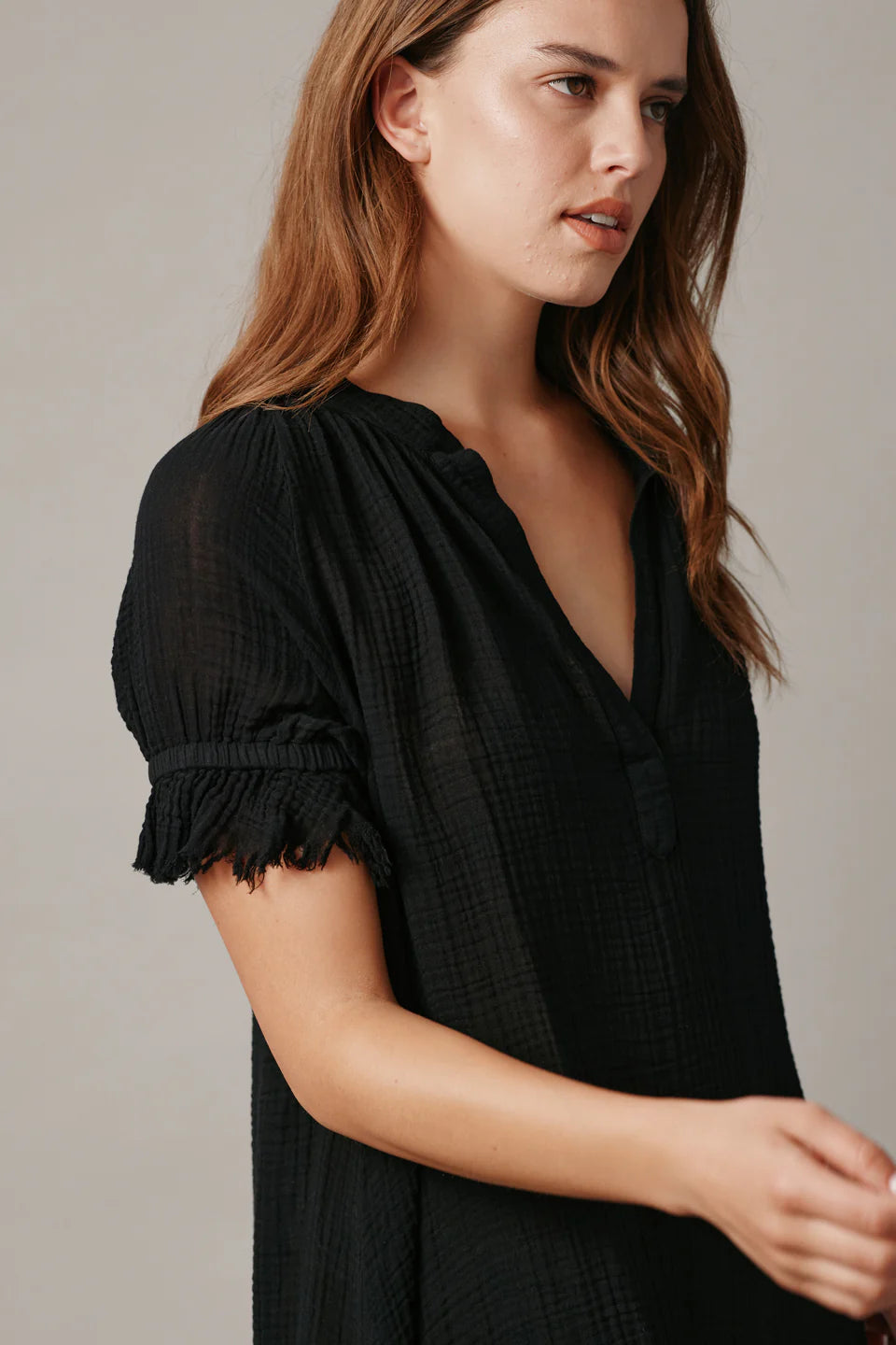 Antibes Puff Sleeve Caftan Lightweight Gauze Black