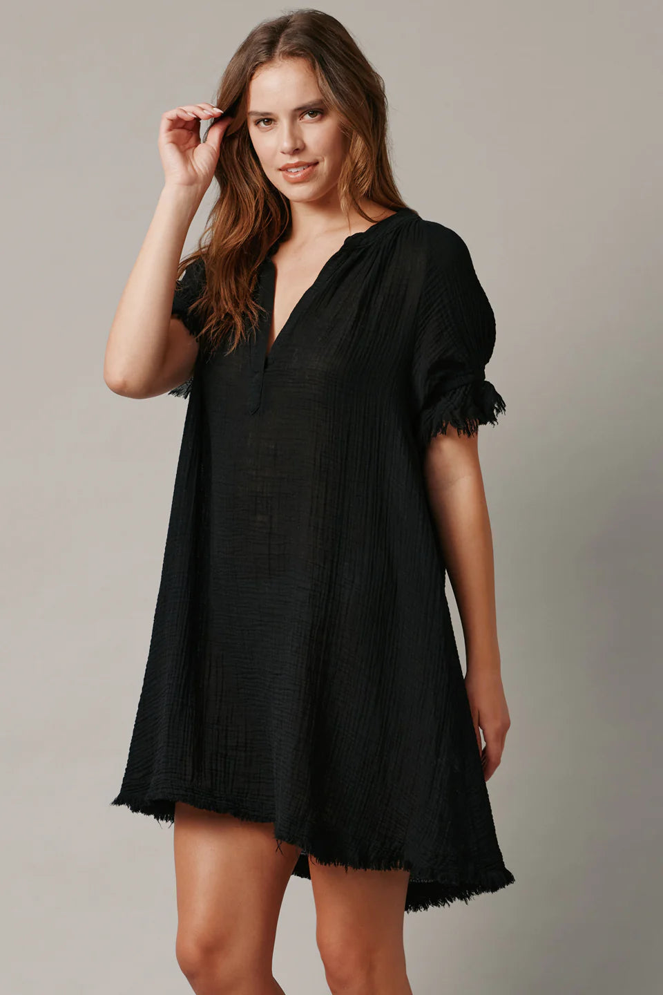 Antibes Puff Sleeve Caftan Lightweight Gauze Black