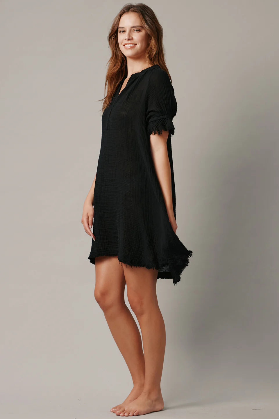 Antibes Puff Sleeve Caftan Lightweight Gauze Black