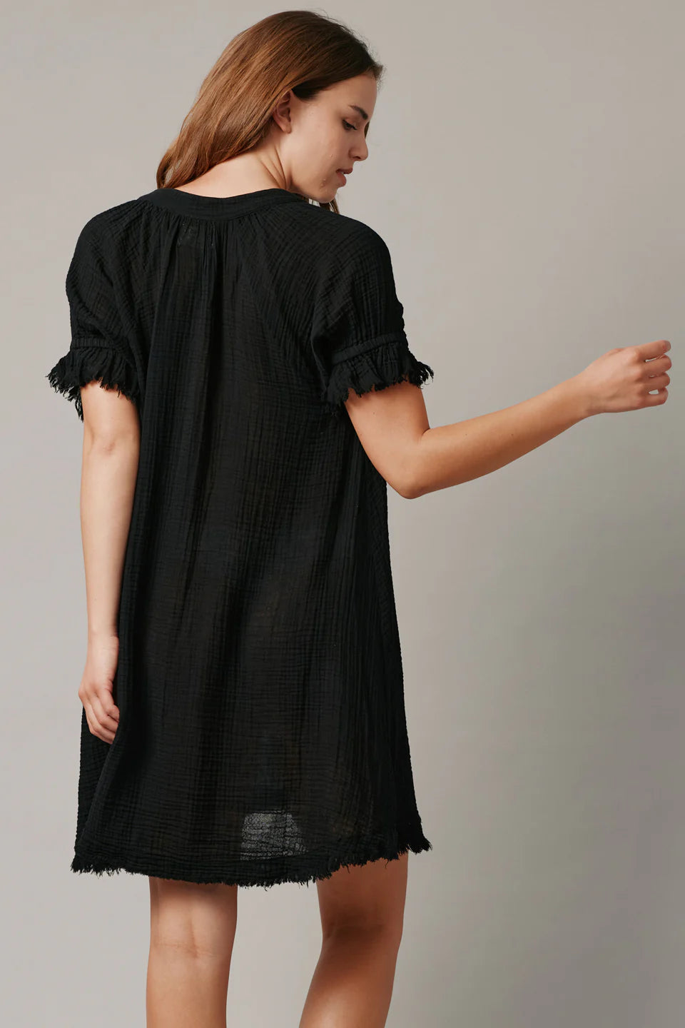 Antibes Puff Sleeve Caftan Lightweight Gauze Black