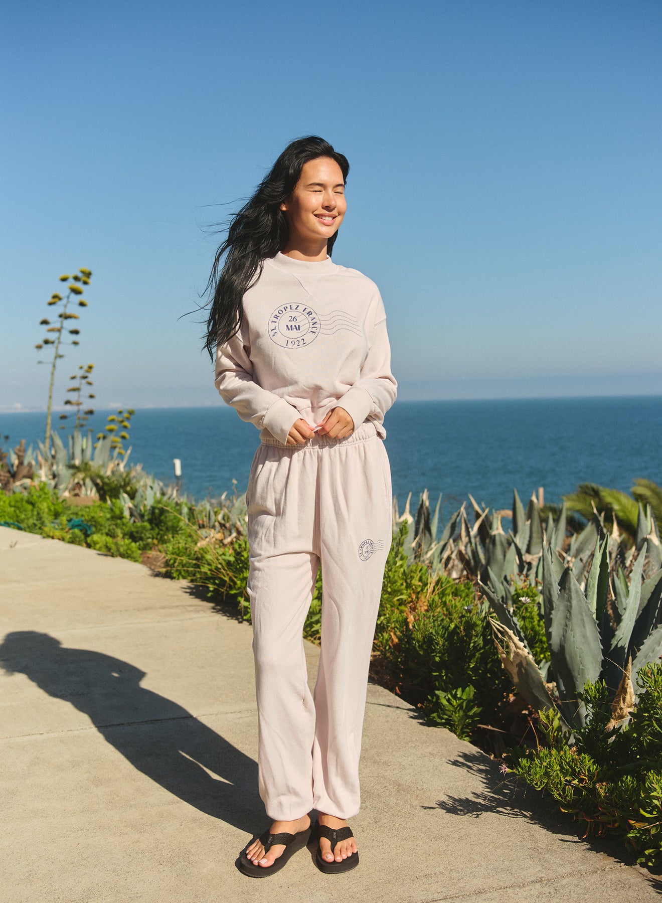 Athletic Sweatshirt St Tropez Stamp Oyster in cream — styled view | Belle Mar Swim