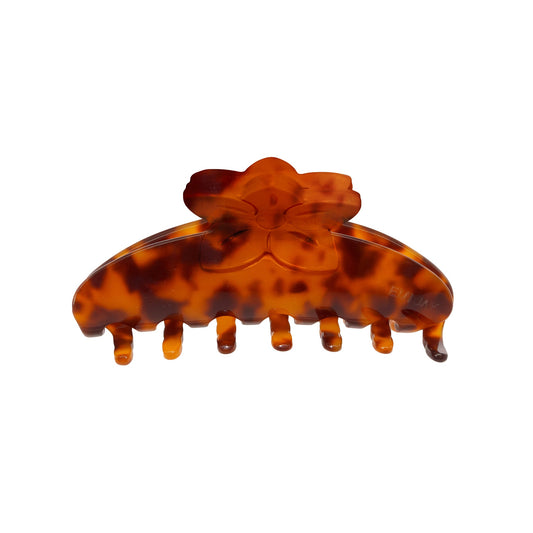 Big Effing Clip in Tortoise Hibiscus, a large brown tortoiseshell hair claw clip with a hibiscus flower design