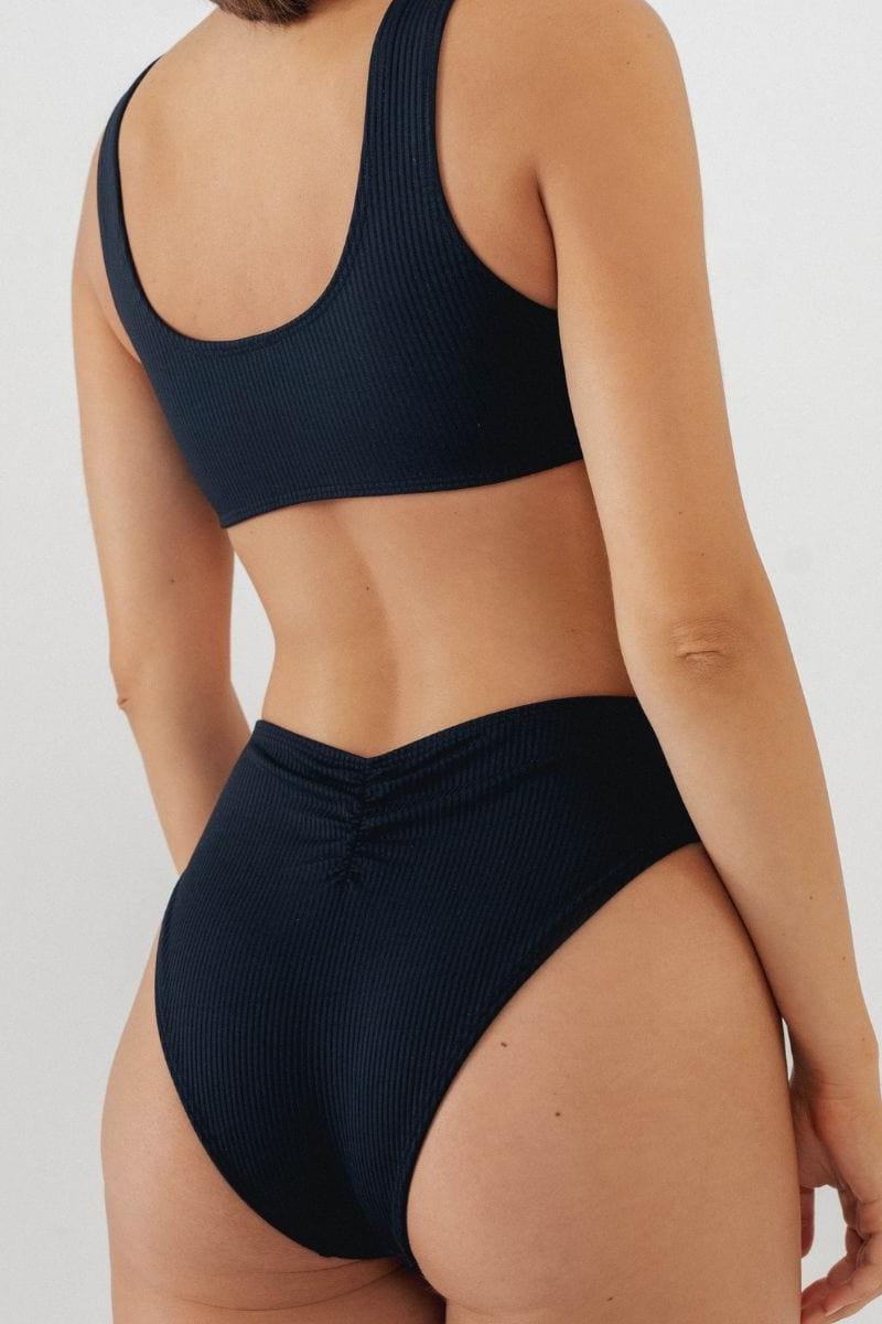 Black Rib Ky One-Piece, back view showing ruched seat