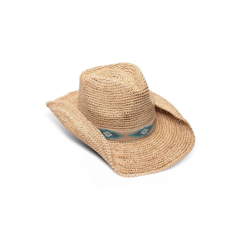 Blue Jaye crochet raffia cowboy hat in natural with blue and tan beaded band — Nikki Beach