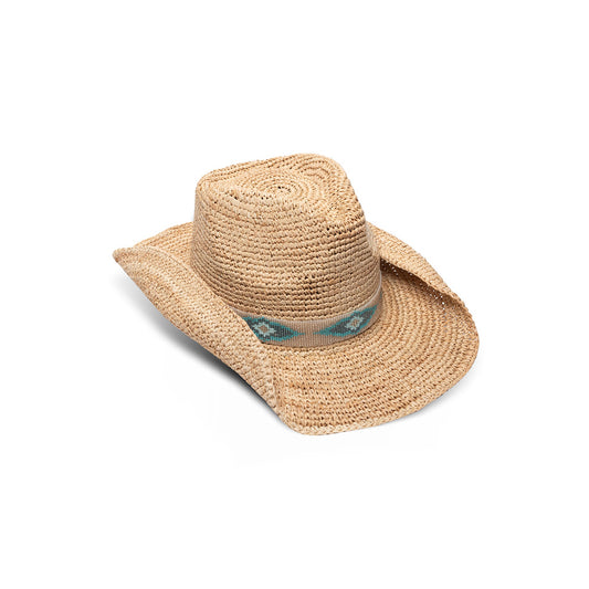 Blue Jaye crochet raffia cowboy hat in natural with blue and tan beaded band — Nikki Beach