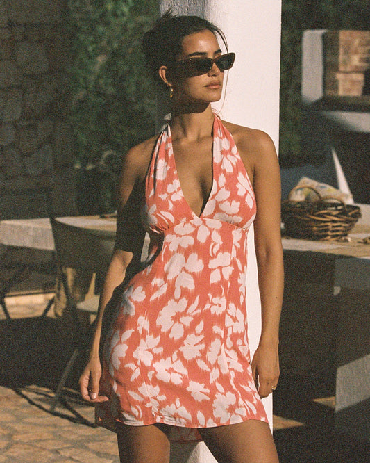 lspace seabreeze coral halter floral mini dress 