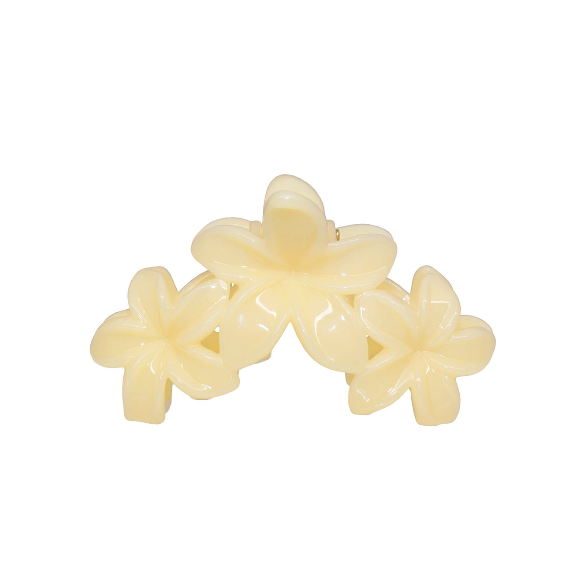 Miss Super Bloom Clip in Jelly Lemon, a hair claw clip with three butter yellow plumeria flowers
