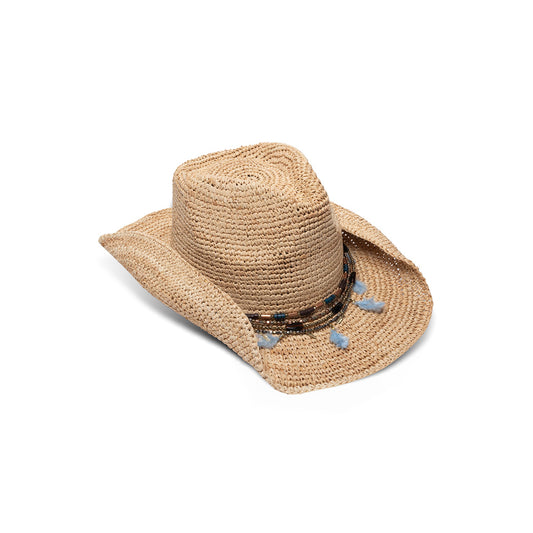 Morgan crochet raffia cowboy hat in natural/blue with beaded feather trim — Nikki Beach