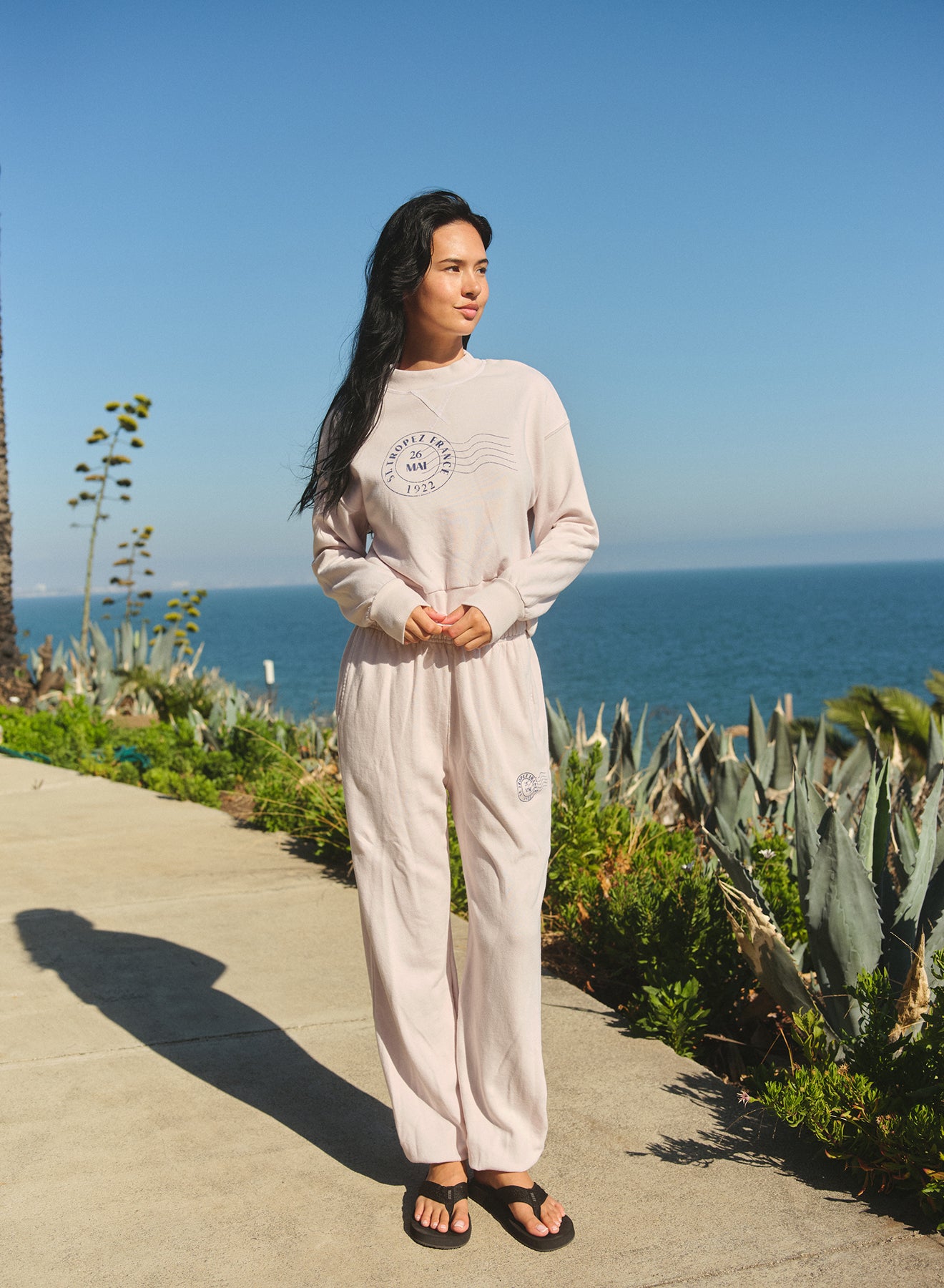 Athletic Sweatpant St Tropez Stamp Oyster in cream — detail view | Belle Mar Swim