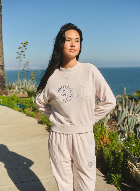 Athletic Sweatshirt St Tropez Stamp Oyster in cream — back view | Belle Mar Swim