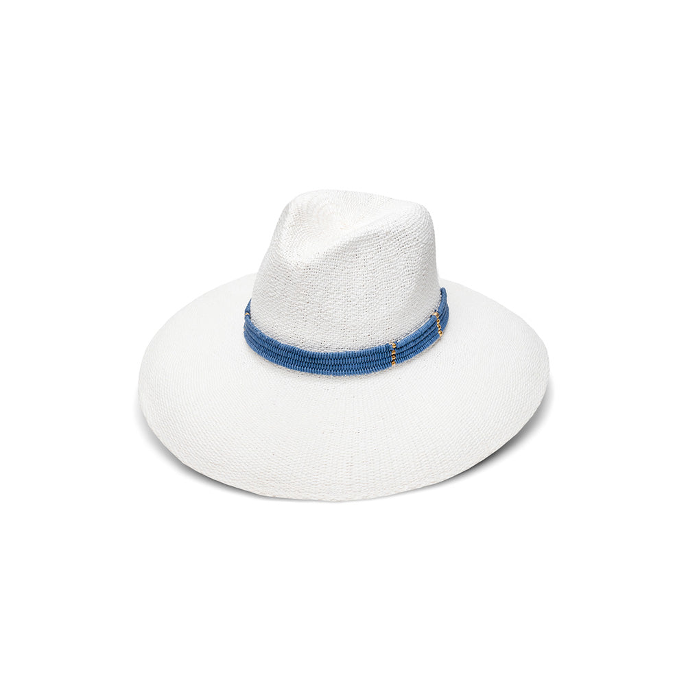 Saylor woven Toyo fedora in white/navy with jute trim — Nikki Beach sun hat