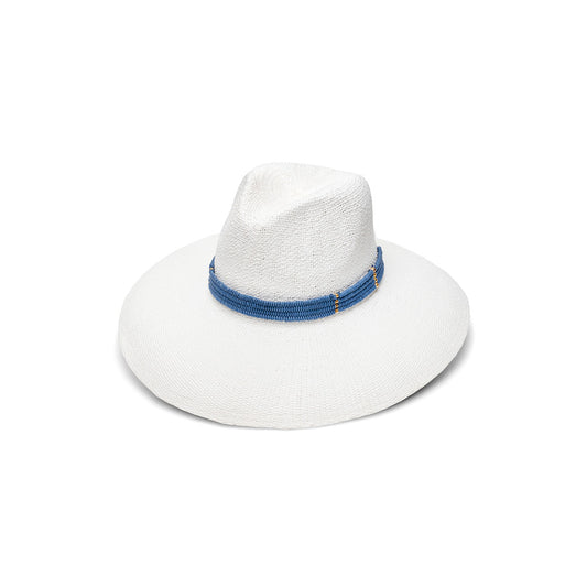 Saylor woven Toyo fedora in white/navy with jute trim — Nikki Beach sun hat