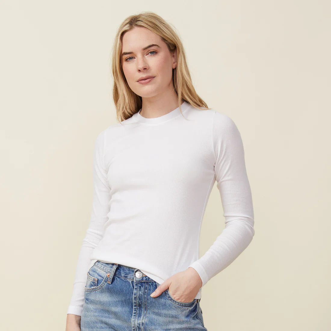 Monrow Supimafine Rib Long Sleeve Crew in White