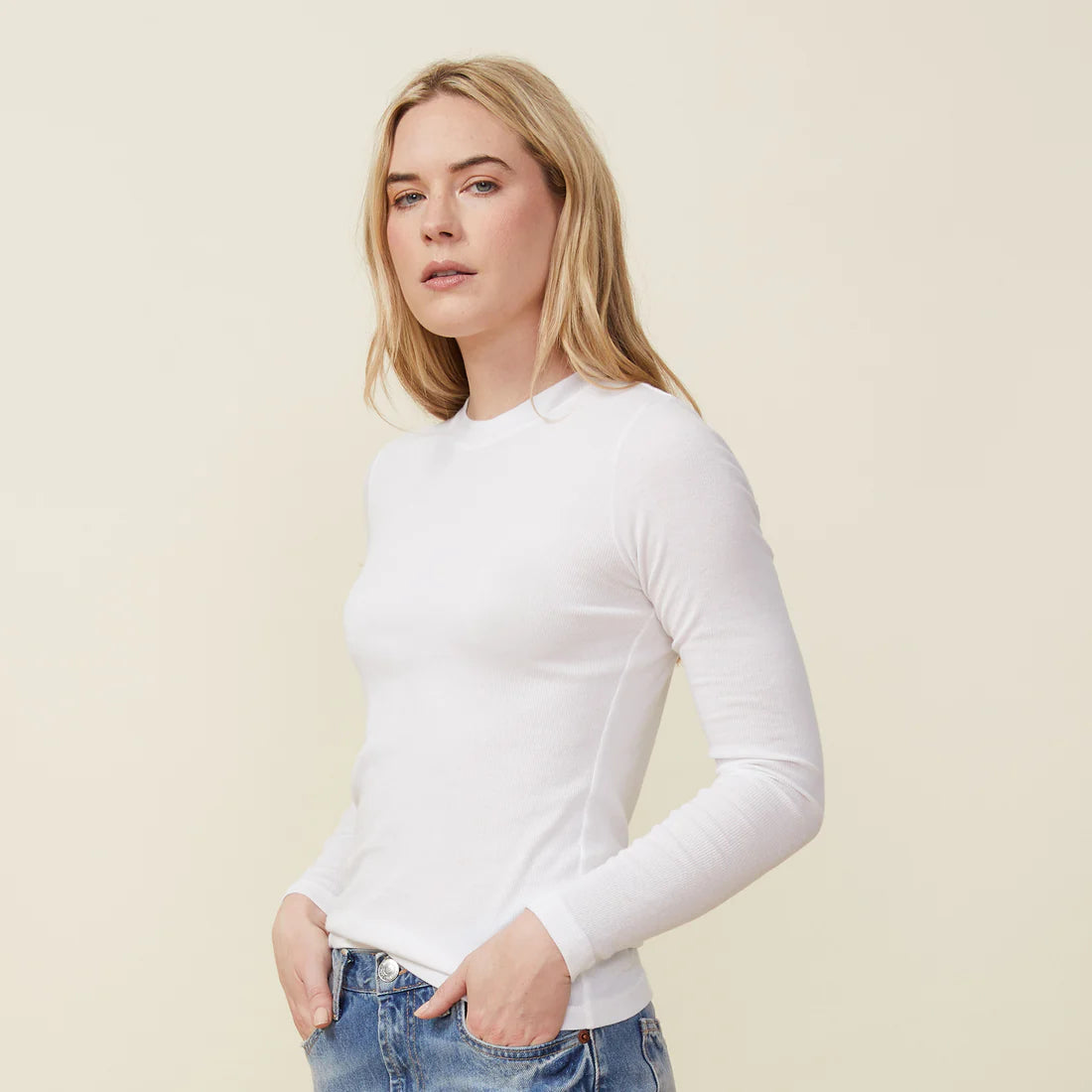 Monrow Supimafine Rib Long Sleeve Crew in White