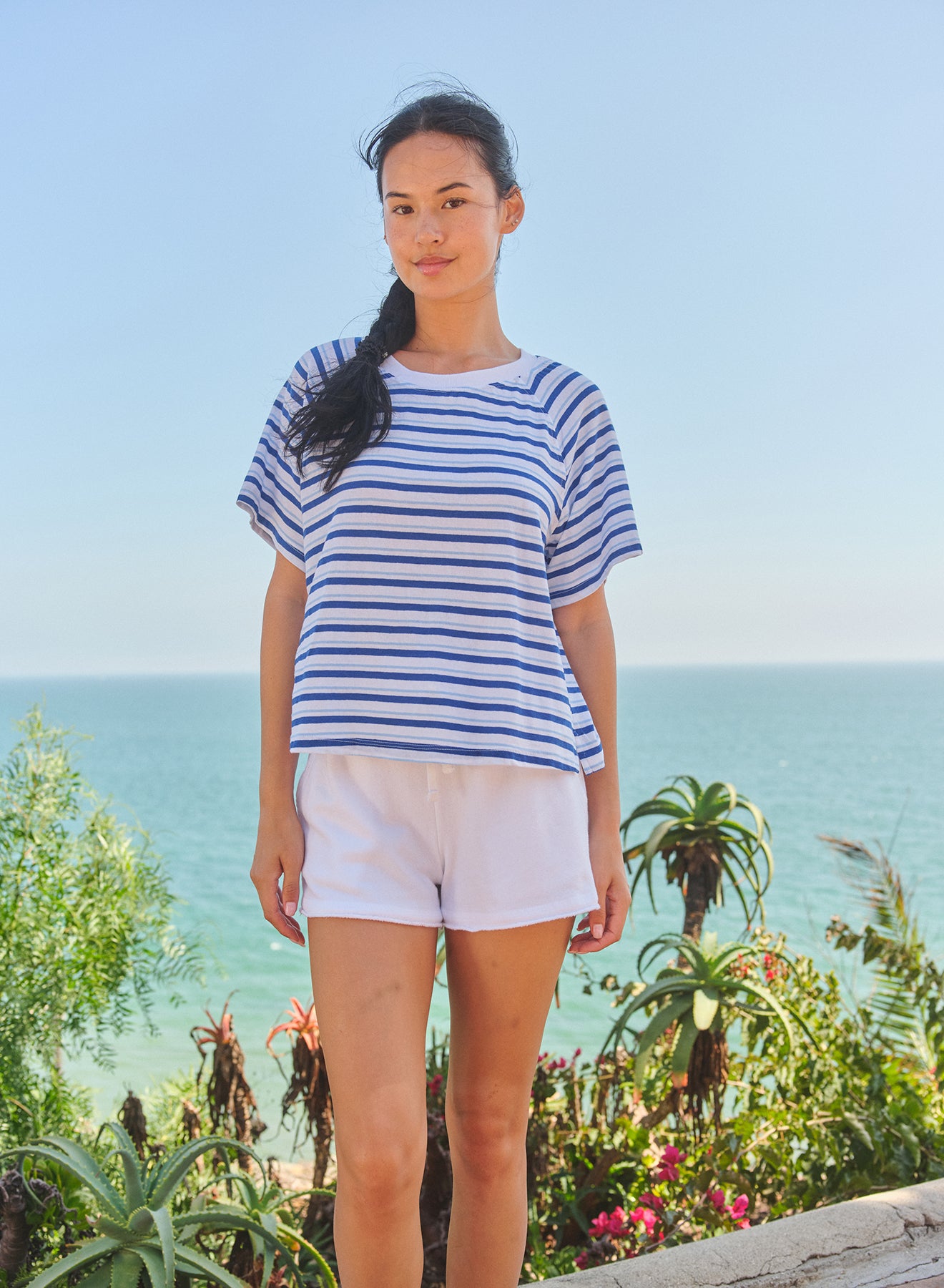 Sundry Raglan Stripe T-Shirt Optic White — front view | Belle Mar Swim